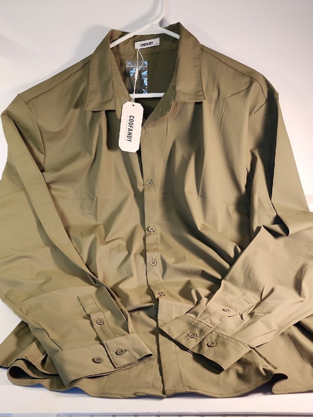 Olive Green Men's 2XL Silky Wrinkle Free Long Sleeve Button Down Untuck Shirt - Picture 4 of 6